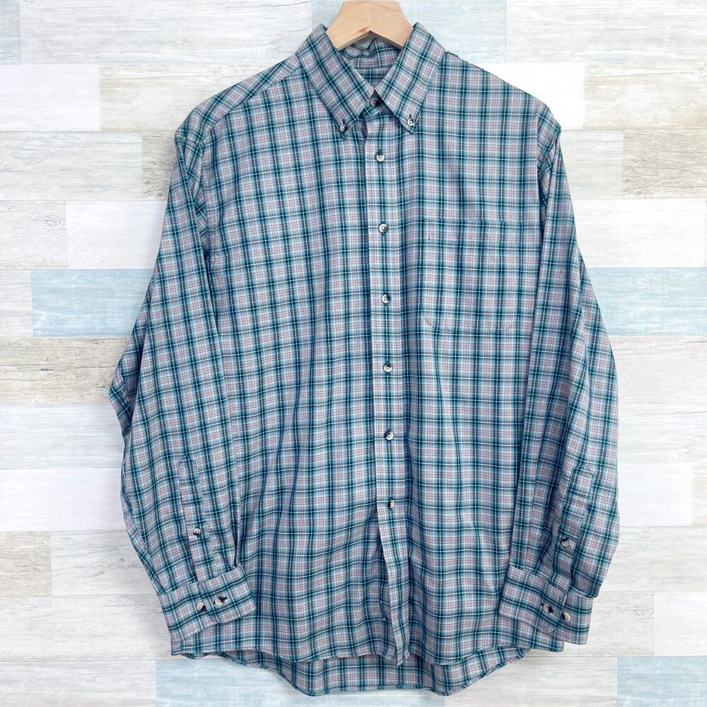 Jos A Bank Travelers Button Down Shirt Green Gray Plaid Cotton Mens Medium